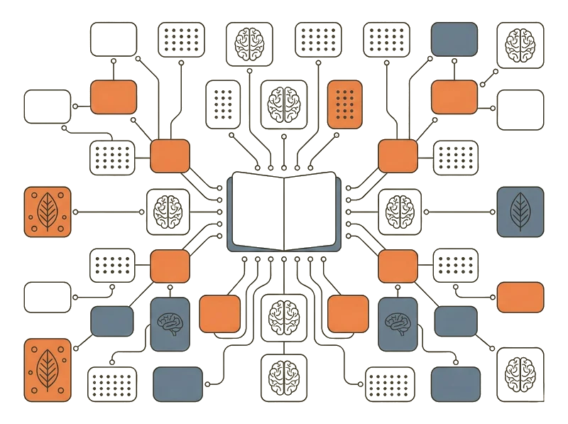 Knowledge network illustration with interconnected wellness topics